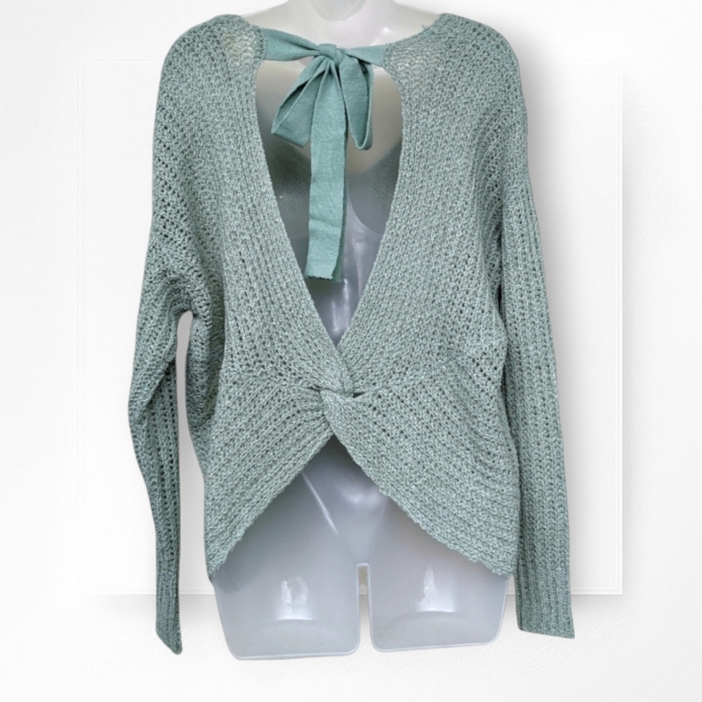 Elan Bow Back Sweater NWOT Open Back Light Green Crochet Knit V Neck Large